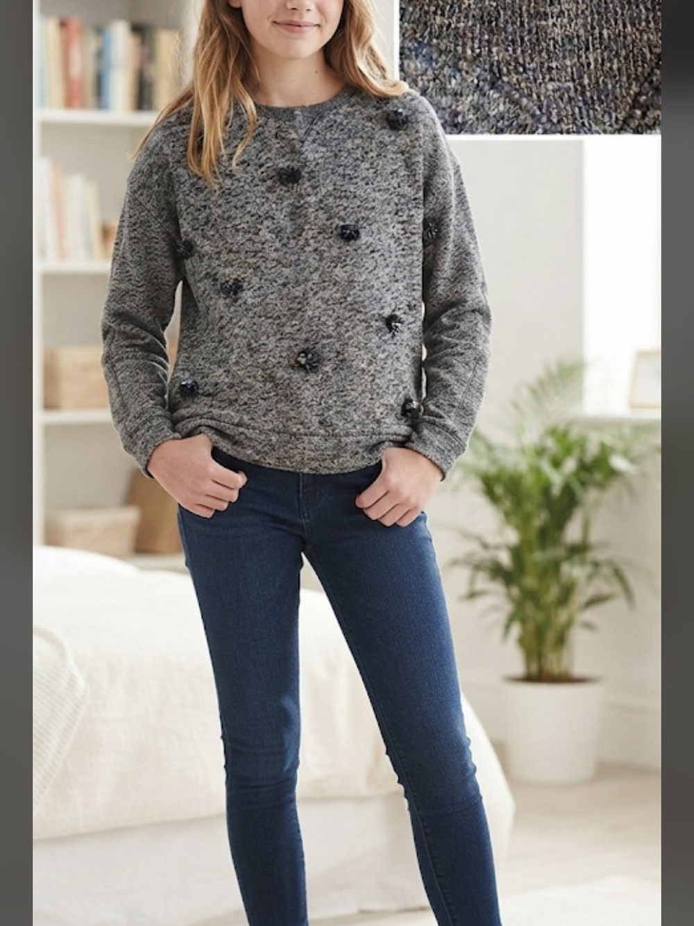 Girls' Gray Pom-Pom Knit Sweatshirt Jacket